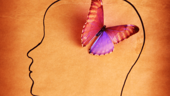 Outline of head on orange background and butterfly.